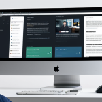 A professional graphic designer, fully clothed in a modest business casual outfit, sits at a modern desk featuring two computer monitors. The left monitor displays a crowded, visually chaotic website layout with poor contrast and messy typography, symbolizing ineffective design. The right monitor showcases a clean, organized, and aesthetically pleasing website layout with clear visual hierarchy, ample whitespace, and perfectly legible text, representing effective design. The designer is engaged and focused on the screens with a professional expression. The office environment is bright and minimalist. Perfect anatomy, correct proportions, natural pose, well-formed hands, proper finger count, natural body proportions. Safe for work, appropriate content, fully clothed, professional photography, high quality.
