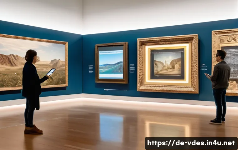시각디자인과 AR VR의 접목 - **Augmented Reality Museum Experience:** A diverse group of museum-goers, dressed in modern, smart c...