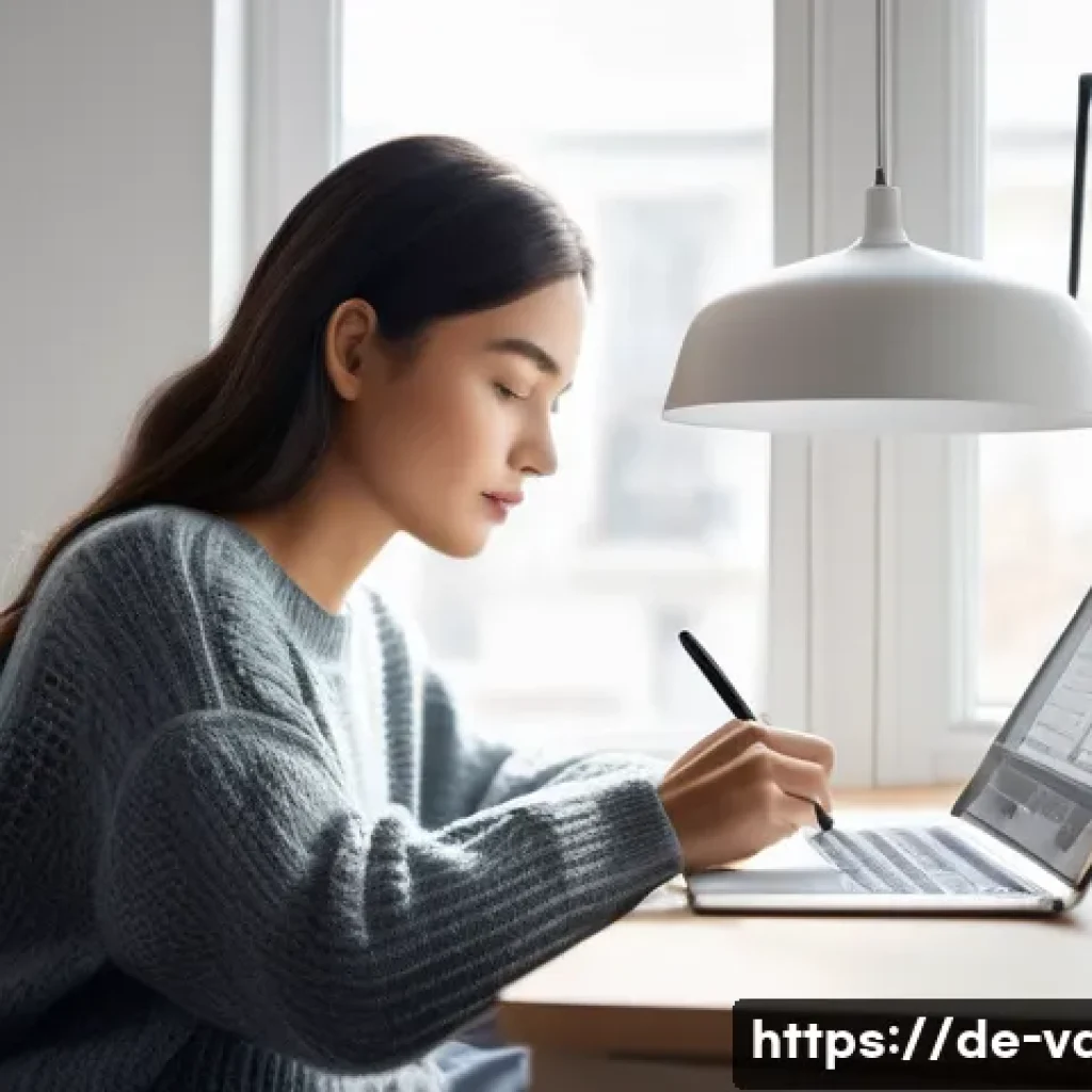 시각디자인 리모트 작업 노하우 - **Prompt:** A young, focused female graphic designer (early 30s) working remotely in her bright, min...