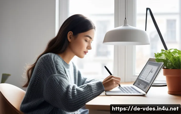 시각디자인 리모트 작업 노하우 - **Prompt:** A young, focused female graphic designer (early 30s) working remotely in her bright, min...