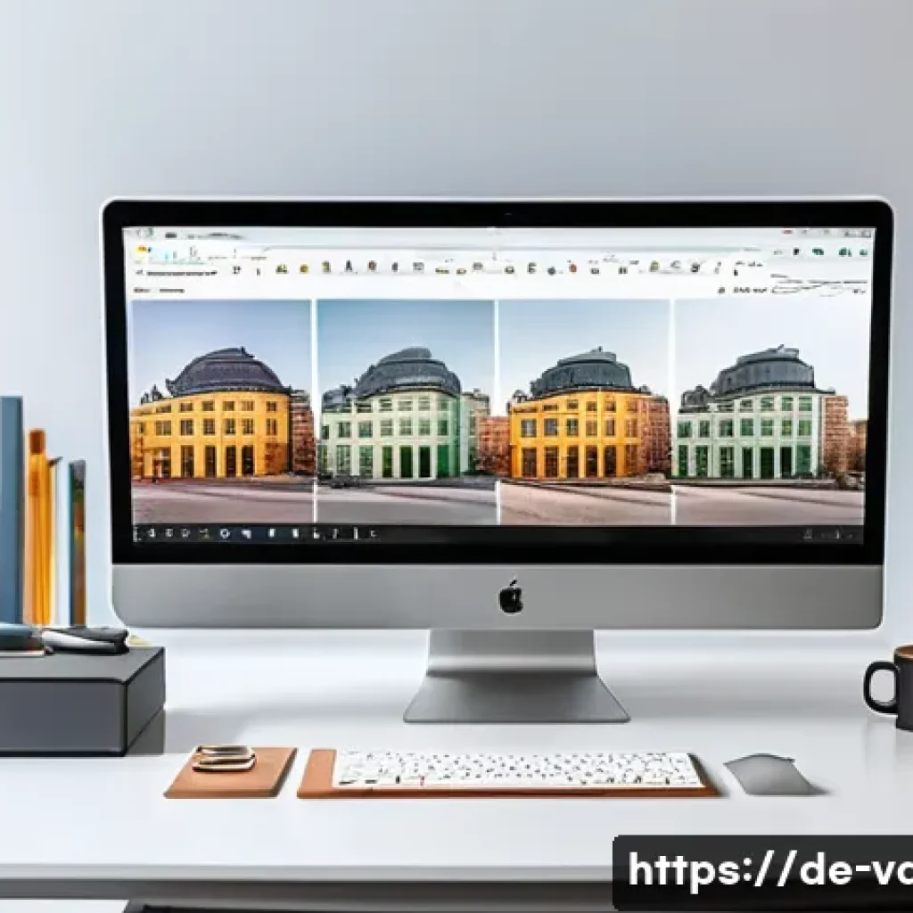 시각디자인의 다양한 직무 설명 - A modern UX/UI designer workspace in a bright, minimalist office setting in Berlin, Germany. The des...