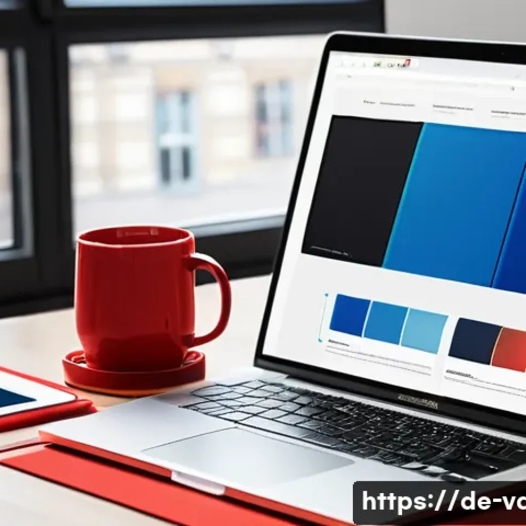 시각디자인의 주요 역할과 책임 - A modern graphic designer's workspace in Berlin, featuring a sleek laptop displaying a vibrant, mini...