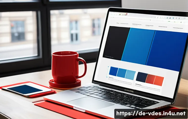시각디자인의 주요 역할과 책임 - A modern graphic designer's workspace in Berlin, featuring a sleek laptop displaying a vibrant, mini...