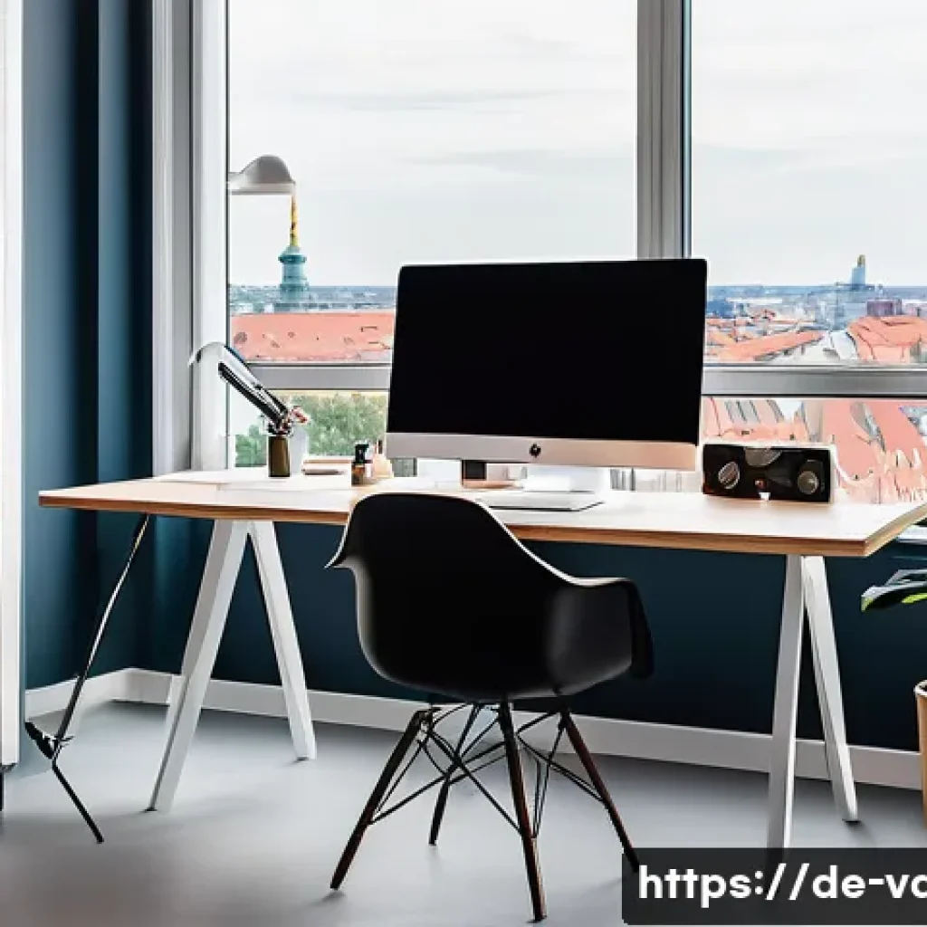 시각디자인 분야 이직 노하우 - A modern graphic design workspace in a bright, minimalist office in Germany, featuring a large, cali...