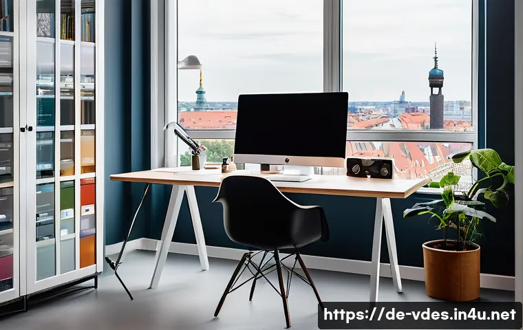 시각디자인 분야 이직 노하우 - A modern graphic design workspace in a bright, minimalist office in Germany, featuring a large, cali...