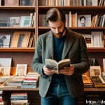 Home 22 시각디자인에서의 리서치 기법 - A cozy, sunlit vintage bookstore interior in Berlin featuring shelves packed with well-worn art book...