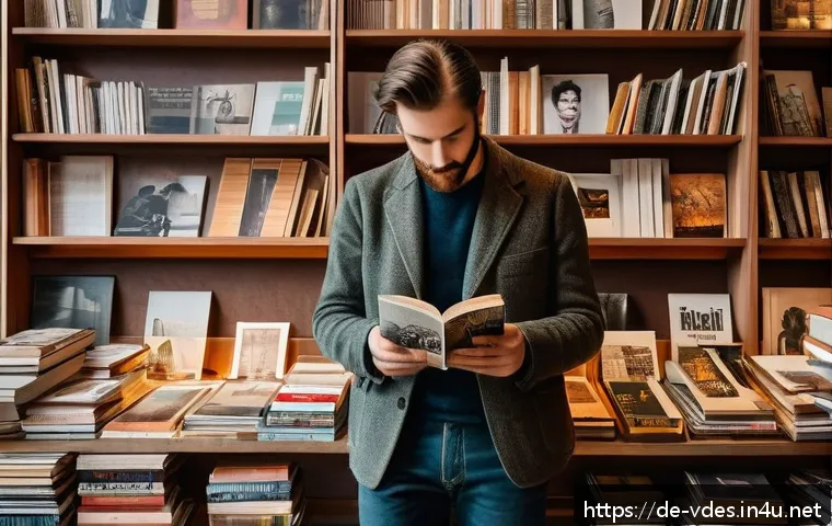 시각디자인에서의 리서치 기법 - A cozy, sunlit vintage bookstore interior in Berlin featuring shelves packed with well-worn art book...