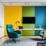 Home 19 시각디자인과 컬러 이론 - A modern, bright office interior designed with a harmonious color scheme emphasizing blue and green ...