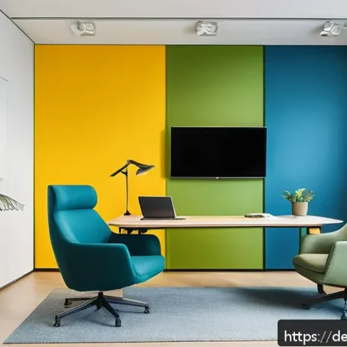 Home 31 시각디자인과 컬러 이론 - A modern, bright office interior designed with a harmonious color scheme emphasizing blue and green ...