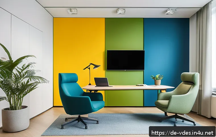 시각디자인과 컬러 이론 - A modern, bright office interior designed with a harmonious color scheme emphasizing blue and green ...